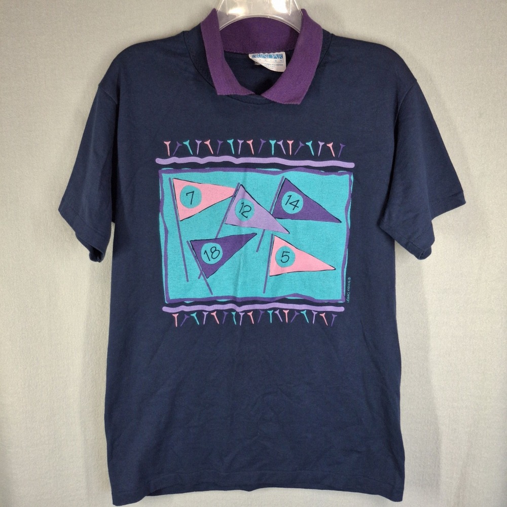 Vintage 90s Brindar Design Women's Medium Shirt Contrast Collar Golf Flags Blue